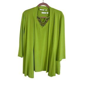 Susan Graver Liquid Knit Beaded Cardigan L Green Jeweled Resort Artsy Old Money